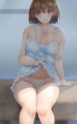  bababababan bad_id bad_pixiv_id bare_shoulders bench blush bow bow_panties breasts brown_eyes brown_hair camisole camisole_lift closed_mouth clothes_lift collarbone commentary female highres looking_at_viewer medium_breasts nightgown original panties photoshop_(medium) short_hair sitting smile solo tank_top underwear white_panties 