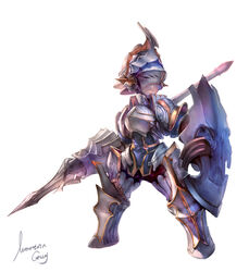  1boy armor closed_mouth full_armor greaves helmet holding holding_polearm holding_weapon knight konghai_shanren lance male_focus original pauldrons photoshop_(medium) polearm shield shoulder_armor signature solo standing weapon 