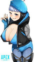  alternate_breast_size animification apex_legends bandaged_arm bandages beret bikini bikini_top_only blue_bikini blue_bodysuit blue_eyes blue_hat blue_nails bodysuit breasts cleavage copyright_name female grey_hair hat haute_drop_wattson highres large_breasts leaning_forward loa_(loa_apex_more) logo open_mouth smile solo swimsuit wattson_(apex_legends) wavy_mouth white_background 