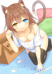  all_fours animal_ears black_thighhighs blunt_bangs bottomless box breasts brown_hair cardboard_box cat_ears cat_tail collarbone commentary_request cushion dutch_angle female heterochromia long_hair looking_at_viewer original paw_pose paw_print photoshop_(medium) rug setona_(daice) shirt small_breasts smile solo t-shirt tail thighhighs white_background 