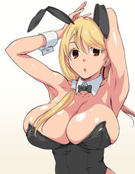  animal_ears armpits arms_up blonde_hair bow bowtie breasts cleavage commentary_request detached_sleeves fake_animal_ears female fushimi_yuyu highres large_breasts long_hair looking_at_viewer low_twintails open_mouth playboy_bunny rabbit_ears red_eyes salad_tokutaro simple_background solo twintails usotsuki_mii-kun_to_kowareta_maa-chan white_background wrist_cuffs 