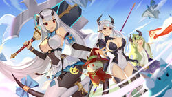  3girls :d ^_^ absurdres alencia_(epic_seven) anklet arkasus armor armored_boots armored_leotard ass ass_visible_through_thighs aunt_and_niece bare_shoulders black_hairband black_horns black_legwear black_sleeves blue_bow blue_sky blunt_bangs blurry blurry_foreground boots bow bowtie bracelet breasts carrying_over_shoulder center_opening cleavage closed_eyes cloud commentary covered_navel cowboy_shot creature crystal day detached_sleeves dragon_girl dragon_horns dragon_tail dress epic_seven eyebrows_hidden_by_hair floating floating_island forehead_jewel garter_straps green_hair hair_between_eyes hair_ornament hairband highres holding holding_polearm holding_weapon horns jewelry large_breasts leotard long_hair looking_at_another looking_at_viewer low-tied_long_hair luna_(epic_seven) multiple_girls ocarino open_mouth outdoors pantyhose pointy_ears polearm purple_dress red_eyes shoulder_armor siblings sidelocks silver_dress sisters sky sleeveless sleeveless_dress smile spear standing standing_on_one_leg tail tail_bow tail_ornament tail_ring teeth thigh_boots thighhighs underbust upper_teeth_only very_long_hair weapon white_footwear white_hair white_leotard white_sleeves wide_sleeves wind x_hair_ornament yufine_(epic_seven) 