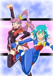  allenby_beardsley blue_bodysuit blue_hair bodysuit breasts closed_mouth commentary_request covered_navel g_gundam gloves graphite_(medium) green_eyes groin gundam gunxsword long_hair looking_at_viewer millipen_(medium) mobile_trace_suit multicolored_bodysuit multicolored_clothes multiple_girls onnaski open_mouth photoshop_(medium) priscilla_(gunxsword) red_bodysuit short_hair skin_tight smile traditional_media 