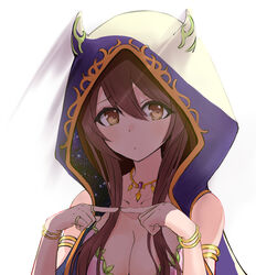  armlet bare_shoulders bracelet breasts brown_eyes brown_hair cleavage cloak collarbone female highres hood hood_up hooded_cloak horned_hood horns icebell_(kourisuzuu) idolmaster idolmaster_shiny_colors jewelry large_breasts long_hair looking_at_viewer osaki_tenka raised_eyebrows ring solo upper_body 