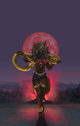  aleone alyph_ironclaws animal_humanoid athletic barefoot blood_moon bottomwear bra campfire canid canid_humanoid canine canine_humanoid clothed clothing dancing dark_body dark_skin detailed_background duo dusk ear_piercing ear_ring feet female field fire forest front_view full_moon glowing glowing_eyes gold_(metal) gold_jewelry grass humanoid humanoid_pointy_ears jackal_humanoid jewelry kalisster_ssin leave legs_together looking_at_viewer mammal mammal_humanoid moon mountain muscular muscular_female necklace orange_eyes outside piercing plant plantigrade pupils python reptile ring_piercing scalie shrub skimpy skirt sky slit_pupils snake standing tree tribal underwear 