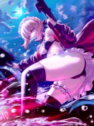  apron artoria_pendragon_(alter_swimsuit_rider)_(fate) artoria_pendragon_(alter_swimsuit_rider)_(second_ascension)_(fate) artoria_pendragon_(fate) bikini black_bikini braid breasts bridal_garter choker commentary_request cowboy_shot fate/grand_order fate_(series) female food french_braid frilled_bikini frilled_choker frills gyoza_(pi512126) highres holding holding_weapon hood hoodie jacket looking_at_viewer maid maid_bikini maid_headdress medium_breasts mouth_hold neck_garter open_clothes open_hoodie partial_commentary popsicle solo swimsuit thighhighs unconventional_maid waist_apron weapon yellow_eyes 