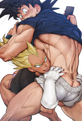  2boys alternate_skin_color ass bara bare_back bare_pectorals bikini_briefs blush boxers butt_crack clothes_lift commentary_request couple dark-skinned_male dark_skin dragon_ball dragon_ball_z feet_out_of_frame from_behind holding holding_phone large_pectorals male_focus male_underwear multiple_boys muscular muscular_male navel nervous_sweating nipples pectorals phone receding_hairline shirt_lift short_hair sideburns son_goku spiked_hair stomach super_saiyan supobi sweat thick_eyebrows thick_thighs thighs underpec underwear undressing_another vegeta white_background white_male_underwear yaoi 