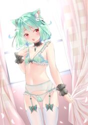  :o animal_ears aqua_bra aqua_hair aqua_panties black_choker black_ribbon blue_hair blunt_bangs blush bra breasts butterfly_ornament cat_ears choker collarbone cross-laced_choker curtain_grab curtains fang_out female floral_print frilled_bra frilled_panties frills garter_belt gradient_hair hair_ornament hair_ribbon harada_haruki highres hololive lingerie looking_to_the_side medium_hair multicolored_hair navel oerba_yun_fang open_mouth panties panties_over_garter_belt petals red_eyes ribbon see-through skull_hair_ornament small_breasts solo thighhighs underwear underwear_only uruha_rushia virtual_youtuber white_thighhighs window wrist_cuffs 