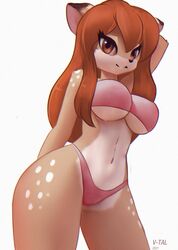  2021 anthro big_breasts bikini biped breasts brown_body brown_eyes brown_fur brown_hair clothed clothing deer dipstick_ears doe_(alfa995) ear_markings eyelashes female fur hair hand_behind_back hand_behind_head hi_res long_hair looking_at_viewer mammal multicolored_ears navel pink_bikini pink_clothing pink_swimwear portrait simple_background skimpy solo spots swimwear tan_body tan_fur three-quarter_portrait under_boob v-tal white_background 