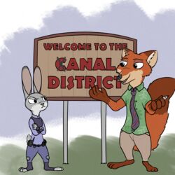  1:1 anothercolouranon anthro canid canine clothed clothing disney duo english_text female fox fur grey_body grey_fur humor judy_hopps lagomorph leporid male mammal marker nick_wilde orange_body orange_fur police police_uniform rabbit red_fox sign silly standing text true_fox uniform vandalism zootopia 