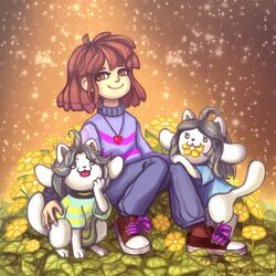  1:1 bob_(undertale) brown_hair canid canine clothed clothing felid feline female feral flower frisk_(undertale) grey_hair group hair human mammal plant smile sparkles tem temmie_(undertale) text tongue topwear trio undertale undertale_(series) white_body 