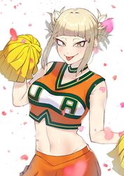  blonde_hair blush boku_no_hero_academia chibi_228 commentary commentary_request confetti crop_top female heart highres looking_at_viewer messy_hair midriff navel orange_skirt pom_pom_(cheerleading) shirt simple_background skirt sleeveless solo toga_himiko tongue tongue_out u.a._cheerleader_uniform yellow_eyes 