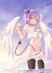  :o angel_wings arm_up arms_behind_head bare_shoulders bikini black_bikini black_choker black_ribbon black_thighhighs blunt_bangs blush bubble choker cowboy_shot demon_girl demon_tail ear_piercing feathered_wings female frilled_shirt frills front-tie_top green_eyes hair_bun hair_ornament hair_ribbon hairclip halterneck harada_haruki highres hololive looking_at_viewer medium_hair multicolored_hair navel o-ring o-ring_choker off-shoulder_shirt off_shoulder open_mouth outdoors piercing pink_hair pointy_ears purple_hair ribbon sarong see-through shirt sidelocks single_side_bun skindentation sky solo streaked_hair string_bikini sunset swimsuit tail thighhighs tokoyami_towa twilight underwear virtual_youtuber wading water wet white_sarong white_wings wings x_hair_ornament 