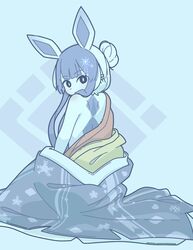  abstract_background accessory anthro asian_clothing back_markings blue_body blue_eyes blue_fur blue_hair clothed clothing diamond_(marking) east_asian_clothing eeveelution female fur generation_4_pokemon glaceon hair hair_accessory hair_bun hi_res japanese_clothing kemono kimono looking_at_viewer looking_back looking_back_at_viewer mammal markings mikeyama nintendo off_shoulder open_clothing open_kimono partially_clothed pokemon pokemon_(species) sitting solo 