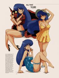  alternate_costume bare_legs barefoot black_footwear blue_hair breasts brown_background brown_eyes cartoonized character_name cleavage collarbone crop_top denim denim_shorts dirty_pair dress english_commentary english_text female floating_hair gutalalaman hat high_heels highres legs long_hair looking_at_viewer medium_breasts midriff mughi multiple_views nail_polish navel parted_lips pinup_(style) plaid plaid_shirt polka_dot polka_dot_dress shirt short_dress short_shorts shorts simple_background sitting smile sun_hat tied_shirt toenail_polish toenails toon_(style) twin_peaks_(restaurant) unmoving_pattern very_long_hair yellow_dress yuri_(dirty_pair) 