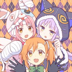  3girls :d alternate_costume animal_ears animal_hat animal_hood argyle_background bandaged_hand bandaged_head bandages black_gloves black_jacket blush bow brown_eyes button_eyes buttons capelet cat_ears cat_hood commentary_request elf fake_animal_ears fur-trimmed_capelet fur-trimmed_hood fur-trimmed_sleeves fur_trim gloves green_bow gucchiann hair_ornament hand_up hat highres hood hood_up jacket kyoka_(halloween)_(princess_connect!) kyoka_(princess_connect!) lightning_bolt_hair_ornament lightning_bolt_symbol long_hair long_sleeves looking_at_viewer mimi_(halloween)_(princess_connect!) mimi_(princess_connect!) misogi_(halloween)_(princess_connect!) misogi_(princess_connect!) multiple_girls nut_(hardware) nut_hair_ornament open_mouth orange_hair pink_capelet pink_hair pointy_ears portrait princess_connect! purple_eyes purple_hair rabbit_hat ribbon side_ponytail smile wide_sleeves 