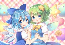  2girls :d balloon blue_dress blue_eyes blue_hair blue_sky blue_vest blush bow breasts brown_flower cirno coa_(chroo_x) collaboration commentary_request daiyousei dress fairy_wings flower frilled_shirt_collar frills green_hair hair_between_eyes hairbow heart holding_hands honoka_chiffon ice ice_wings interlocked_fingers multiple_girls oerba_yun_fang one_side_up open_mouth petals pink_flower plaid plaid_background puffy_short_sleeves puffy_sleeves shirt short_sleeves sky sleeveless sleeveless_shirt small_breasts smile star_(symbol) touhou upper_body vest white_shirt wings yellow_bow yellow_flower 