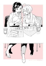  2girls ahoge bento border breasts business_suit chair chiyo_kozuka closed_eyes collarbone commentary_request cup dated disposable_cup dress_shirt feeding fork formal greyscale_with_colored_background hair_between_eyes high_heels highres holding holding_cup holding_fork ichido_dake_demo_koukai_shitemasu long_sleeves looking_at_another medium_breasts medium_hair miyahara_miyako monochrome multiple_girls office_lady open_collar open_mouth outside_border pants pink_background polka_dot polka_dot_background ponytail ritsuka_hara shirt shirt_tucked_in side-by-side sidelocks simple_background suit swept_bangs table tied_hair translation_request white_border 