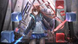  amiya_(arknights) animal_ears arknights beat_saber black_jacket blue_eyes brown_hair dual_wielding energy_sword female floating_hair hair_between_eyes highres holding jacket jewelry kayjae lightsaber long_hair long_sleeves looking_at_viewer open_clothes open_jacket pantyhose ponytail rabbit_ears ring shirt sidelocks skirt solo sword thumb_ring weapon 