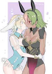  2girls adapted_costume animal_ears artist_name black_gloves blonde_hair blue_eyes blue_hair breasts cleavage covered_navel dark-skinned_female dark_skin detached_collar earrings fake_animal_ears fire_emblem fire_emblem_heroes fjorm_(fire_emblem) from_side gloves gradient_hair green_hair highres jewelry laegjarn_(fire_emblem) large_breasts leotard multicolored_hair multiple_girls orange_hair rabbit_ears red_eyes sakuramotikun short_hair simple_background small_breasts strapless white_gloves yuri 