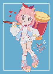  2019 alternate_costume alternate_species alternative_fashion amy_rose animal_humanoid band-aid bandage biped blue_background bottomwear clothing eulipotyphlan eulipotyphlan_humanoid fairy_kei female footwear gloves green_eyes hair handwear heart_symbol hedgehog_humanoid hi_res holding_object holding_weapon humanoid humanoidized j-fashion jacket mammal mammal_humanoid piko_piko_hammer pink_clothing pink_footwear pink_hair pink_shoes sega shirt shoes shorts simple_background smallpanda smile socks solo sonic_the_hedgehog_(series) standing topwear weapon weapon_on_shoulder white_bottomwear white_clothing white_jacket white_shirt white_shorts white_topwear 