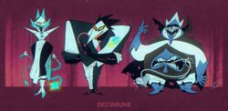  2021 5_fingers bowing cape clothed clothing darkner deltarune demon digital_media_(artwork) felid feline female fingers floating_hands footwear fully_clothed gloves group handwear hi_res king_spade machine male mammal multi_mouth robot sharp_teeth shoes signature smile smirk spade_tail standing suit swatch_(deltarune) swatchling tail tasque_manager teeth tongue tongue_out trio undertale_(series) whip wide_hips wolftangart 