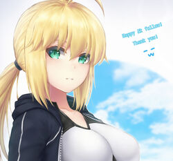  ahoge artoria_pendragon_(fate) artoria_pendragon_(swimsuit_archer)_(fate) artoria_pendragon_(swimsuit_archer)_(second_ascension)_(fate) black_jacket blonde_hair breasts breasts_apart collarbone fate/grand_order fate_(series) female green_eyes hair_between_eyes highres hood hood_down hooded_jacket jacket long_hair looking_at_viewer medium_breasts milestone_celebration one-piece_swimsuit open_clothes open_jacket parted_lips photoshop_(medium) ponytail solo swimsuit upper_body white_one-piece_swimsuit zeri_(zeristudio) 