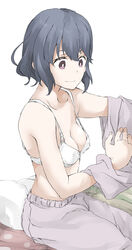  bed bed_sheet blue_hair bra changing_clothes closed_mouth collarbone commentary_request dressing elf_(stroll_in_the_woods) female highres mature_female messy_hair morning on_bed pajamas pajamas_pull pink_pajamas purple_eyes shima_saki sitting underwear white_background white_bra yurucamp 