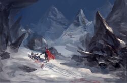  2others armor blood blood_trail cape crawling dismemberment full_armor greaves helmet holding holding_sword holding_weapon konghai_shanren mountain multiple_others on_floor original outdoors painterly pauldrons photoshop_(medium) pointing_sword pointing_weapon red_cape scenery shoulder_armor snow sword weapon 