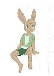  anthro bottomwear clothing green_bottomwear green_clothing green_eyes green_shirt green_shorts green_topwear hare hi_res kapsu lagomorph leporid male mammal shirt shorts sitting solo soyuzmultfilm topwear upshorts well_just_you_wait! zayats_(wjyw) 