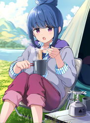  blue_hair blue_sky blurry blurry_background chair cloud cloudy_sky collared_shirt commentary cup day depth_of_field eating female food fork green_shirt grey_jacket hair_bun holding holding_cup holding_fork jacket long_sleeves looking_at_viewer mirai_denki noodles open_clothes open_jacket open_mouth outdoors pants pants_rolled_up propane_tank purple_eyes purple_pants ramen shima_rin shirt short_hair sidelocks single_hair_bun sitting sky solo steam striped_clothes striped_shirt tent vertical_stripes yurucamp 