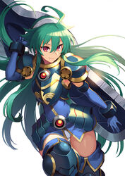  absurdres ahoge armor closed_mouth elbow_gloves female gloves green_hair hair_between_eyes highres holding holding_weapon long_hair looking_at_viewer nakamura_eight photoshop_(medium) polaris_(shinrabanshou) red_eyes shinrabanshou simple_background smile solo thighhighs v-shaped_eyebrows very_long_hair weapon white_background 