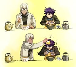  2boys animal bowl closed_eyes closed_mouth collar dark_skin egg food holding holding_egg holding_food housui_(g3hopes) kekkai_sensen kettle leonardo_watch long_sleeves looking_at_another monkey multiple_boys open_mouth purple_hair short_hair smile sonic_(kekkai_sensen) white_hair zap_renfro 