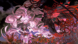  2girls armor arms_at_sides black_hair black_kimono breasts cleavage dutch_angle enma_(onmyoji) faceoff field floating_hair floral_print flower flower_field flower_tattoo from_below hair_flower hair_ornament higanbana_(onmyoji) horns japanese_clothes kimono long_hair long_sleeves multiple_girls name_connection obi object_namesake onmyoji overcast protected_link red_flower sash shoulder_tattoo skull sky smoke spider_lily standing starstruckdon straight_hair tattoo traditional_youkai two-sided_fabric updo very_long_hair wind withered 