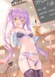  :d bad_perspective blunt_bangs blush bottle bow bow_bra bra breasts cafe chair chalkboard character_name coffee collarbone cropped_jacket cup demon_tail disposable_cup drinking_straw fang_out female floral_print garter_belt green_eyes groin harada_haruki highres hololive indoors jacket jar lingerie long_hair long_sleeves looking_at_viewer multicolored_hair navel oerba_yun_fang off_shoulder open_clothes open_jacket open_mouth panties panties_over_garter_belt petals pink_hair purple_bow purple_bra purple_hair purple_panties purple_thighhighs see-through shelf side-tie_panties sidelocks small_breasts smile solo streaked_hair tail thighhighs tokoyami_towa twintails underwear underwear_only virtual_youtuber white_jacket wine_bottle wooden_floor 