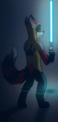  2019 absurd_res ambiguous_gender anthro blue_lightsaber canid canine clothing digitigrade fluffy fluffy_tail foony foony_(character) fox fur grey_body grey_fur hi_res hybrid lightsaber mammal melee_weapon orange_body orange_fur procyonid raccoon solo star_wars tail weapon white_body white_fur 