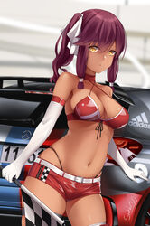  absurdres adidas bare_shoulders belt bikini bikini_top_only blurry blurry_background breasts car checkered_flag choker cleavage collarbone commentary_request cowboy_shot criss-cross_halter dark-skinned_female dark_skin elbow_gloves female flag girls&#039;_frontline gloves groin hair_between_eyes hair_ribbon halterneck highleg highleg_bikini highres holding holding_flag large_breasts long_hair looking_at_viewer mercedes-benz mercedes-benz_a45 midriff motor_vehicle navel no_shirt official_alternate_costume parted_lips purple_hair race_queen race_vehicle racecar red_bikini red_choker red_shorts ribbon saiga-12_(crimson_navigator)_(girls&#039;_frontline) saiga-12_(girls&#039;_frontline) short_shorts shorts side_ponytail sidelocks signature skindentation solo standing suzishi_ovo swimsuit thighhighs white_belt white_gloves white_ribbon white_thighhighs yellow_eyes 