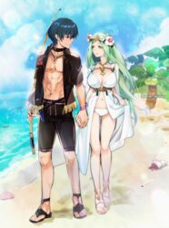  1boy alternate_costume beach bikini bikini_bottom_only blue_eyes blue_hair blue_sky breasts byleth_(fire_emblem) byleth_(male)_(fire_emblem) cleavage closed_mouth cloud couple dagger day dress female fire_emblem fire_emblem:_three_houses fire_emblem_heroes fishing_rod flower green_eyes green_hair hair_flower hair_ornament holding holding_fishing_rod holding_hands knife large_breasts long_hair looking_to_the_side outdoors rhea_(fire_emblem) sheath sheathed short_hair sky smile straight swimsuit twitter_username water weapon white_bikini white_dress yomusugara_(uzo-muzo) 