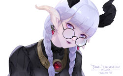  au_ra black-framed_eyewear blunt_bangs braid copyright_name demon_horns dragon_girl dragon_horns earrings english_text female final_fantasy final_fantasy_xiv highres horns jewelry konghai_shanren light_purple_hair lipstick long_hair makeup necklace parted_lips photoshop_(medium) puffy_sleeves purple_eyes purple_lips round_eyewear scales signature simple_background solo upper_body warrior_of_light_(ff14) white_background white_horns white_scales 