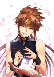  1boy absurdres brown_hair commentary_request crying half-closed_eyes headband highres long_hair looking_at_viewer male_focus open_mouth sagold saiyuki solo son_goku_(saiyuki) tears teeth wristband yellow_eyes 