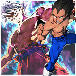  2boys abs aura bara bodysuit bulge cheering clenched_hand clenched_teeth commentary_request dougi dragon_ball dragon_ball_super feet_out_of_frame from_below highres large_pectorals male_focus multiple_boys muscular muscular_male nipples outstretched_arms pectorals powering_up receding_hairline short_hair sideburns son_goku spiked_hair spread_arms standing stomach supobi sweat teeth thick_eyebrows topless_male torn_bodysuit torn_clothes ultra_instinct vegeta veins veiny_arms 