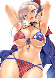  absurdres american_flag american_flag_bikini american_flag_print armpits arms_behind_head arms_up asymmetrical_bangs asymmetrical_hair bikini blue_jacket blush breasts bun_cover cle_masahiro cleavage collarbone commentary_request eyelashes fantia_reward fate/grand_order fate_(series) female flag_print hair_bun hair_ribbon half-closed_eyes highleg highleg_bikini highleg_swimsuit highres jacket large_breasts long_hair looking_at_viewer miyamoto_musashi_(fate) miyamoto_musashi_(swimsuit_berserker)_(fate) miyamoto_musashi_(swimsuit_berserker)_(second_ascension)_(fate) multi-strapped_bikini_bottom navel open_mouth paid_reward print_bikini print_swimsuit ribbon shrug_(clothing) simple_background single_hair_bun skindentation smile solo string_bikini sweat swept_bangs swimsuit unworn_jacket white_background 