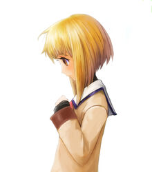  blonde_hair bob_cut brown_eyes female from_side fruits_basket hand_up highres ikara inverted_bob long_sleeves looking_to_the_side profile school_uniform short_hair sidelocks simple_background solo souma_kisa upper_body white_background 