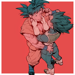  2boys ass ass_grab bara blue_bodysuit bodysuit cheek_pinching commentary_request couple dougi dragon_ball dragon_ball_super foreshortening from_above grabbing_another&#039;s_ass groping highres male_focus multiple_boys muscular muscular_male orange_background pectoral_cleavage pectorals pinching receding_hairline short_hair sideburns son_goku spiked_hair supobi thick_eyebrows vegeta yaoi 