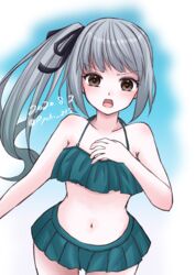  absurdres alternate_costume bare_shoulders bikini black_ribbon blush brown_eyes dated female frilled_bikini frills green_bikini grey_hair hair_ribbon highres kantai_collection kasumi_(kancolle) kasumi_kai_ni_(swimsuit_mode)_(kancolle) long_hair looking_at_viewer midriff navel official_alternate_costume one-hour_drawing_challenge open_mouth ribbon ryouki_(ryoki_215) side_ponytail solo swimsuit twitter_username 