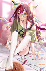  absurdres alternate_costume bespectacled blue_eyes blush board_game bra_strap braid casual chantsunyuen1997 collarbone crop_top dolphin_shorts feet female glasses hakos_baelz halloween_baelz highres hololive hololive_english horns irys_(hololive) long_hair midriff monopoly navel no_shoes pink_eyes pointy_ears red_hair shorts solo stuffed_animal stuffed_toy toes twin_braids very_long_hair virtual_youtuber wings zettai_ryouiki 