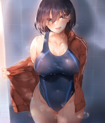  :d absurdres bababababan bad_id bad_pixiv_id bare_shoulders black_hair blush breasts collarbone commentary covered_nipples female grey_eyes hair_between_eyes hair_over_eyes highres hip_focus indoors jacket large_breasts one-piece_swimsuit open_clothes open_jacket open_mouth original photoshop_(medium) see-through short_hair smile solo standing swimsuit thighs tile_floor tile_wall tiles wet 