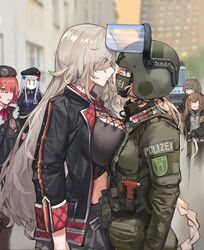  6+girls armband asymmetrical_docking black_jacket breast_press breasts building bundespolizei city cleavage collared_jacket combat_helmet commentary country_connection cross-laced_clothes day emblem english_commentary eye_contact flag_print flashbang from_side g36_(girls&#039;_frontline) g36c_(girls&#039;_frontline) g36c_(mod3)_(girls&#039;_frontline) german_flag_print german_text germany girls&#039;_frontline glass-breaking_hammer green_headwear green_jacket grey_hair hair_over_eyes headset helmet highres hk416_(girls&#039;_frontline) jacket large_breasts load_bearing_vest long_hair looking_at_another motor_vehicle mp7_(girls&#039;_frontline) multiple_girls outdoors patch photo-referenced police police_uniform policewoman sawkm shoulder_patch streetcar tactical_clothes ump45_(girls&#039;_frontline) ump9_(girls&#039;_frontline) uniform very_long_hair visor_lift yellow_armband 