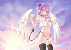  :o angel_wings arm_up arms_behind_head bare_shoulders bikini black_bikini black_choker black_ribbon black_thighhighs blunt_bangs blush bubble choker cowboy_shot demon_girl demon_tail ear_piercing feathered_wings female frilled_shirt frills front-tie_top green_eyes hair_bun hair_ornament hair_ribbon hairclip halterneck harada_haruki highres hololive looking_at_viewer medium_hair multicolored_hair navel o-ring o-ring_choker off-shoulder_shirt off_shoulder open_mouth outdoors piercing pink_hair pointy_ears purple_hair ribbon sarong see-through shirt sidelocks single_side_bun skindentation sky solo streaked_hair string_bikini sunset swimsuit tail thighhighs tokoyami_towa twilight underwear virtual_youtuber water wet white_sarong white_wings wings x_hair_ornament 