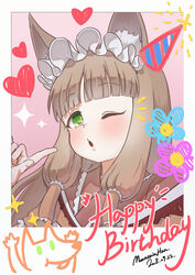  \m/ animal_ear_fluff animal_ears artist_name blunt_bangs blush border brown_hair crayon_drawing dated english_text female fox_ears fox_girl green_eyes hair_ornament hair_tubes hand_up happy_birthday heart highres index_finger_raised looking_at_viewer maho_(princess_connect!) mountain_han notice_lines one_eye_closed parted_lips photo_booth pointing pointing_at_self princess_connect! signature solo upper_body white_border 